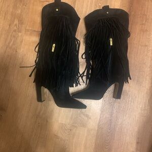 Vince Camuto Shela  Fringed Western Boots in Black Suede
